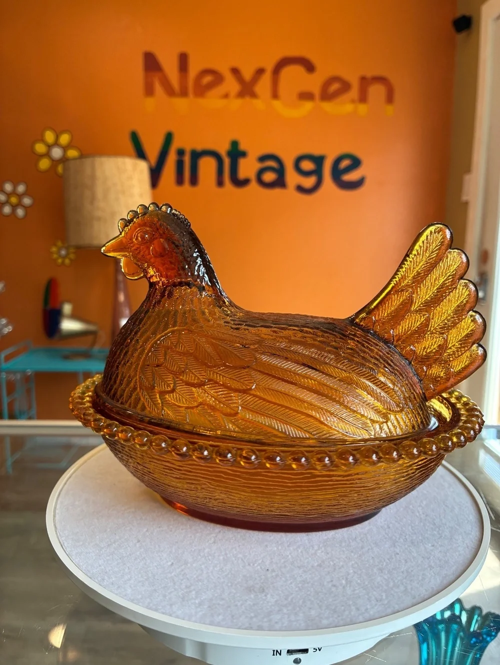 Indiana Glass Golden Amber Hen on Nest Covered Candy Dish Vintage